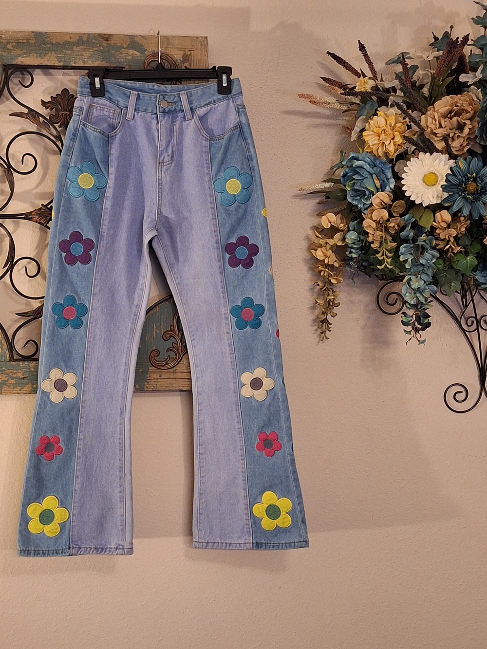 Light Blue Flare Jeans with Colorful Floral Side Panels. NWOT Size Small - Picture 8 of 12